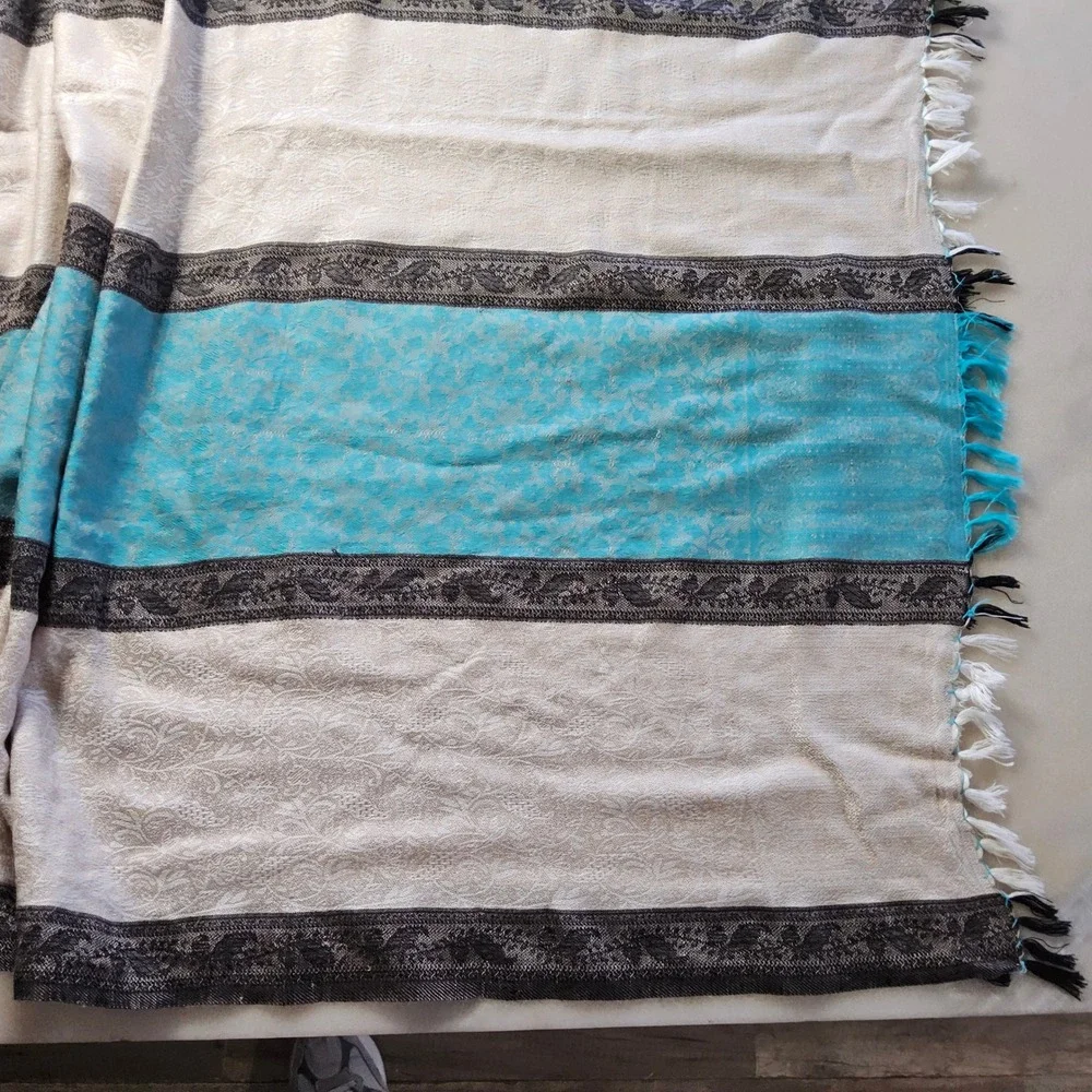 Striped Scarf‎ Wrap Shawl with Tassels - Beige, Blue, Black Accent